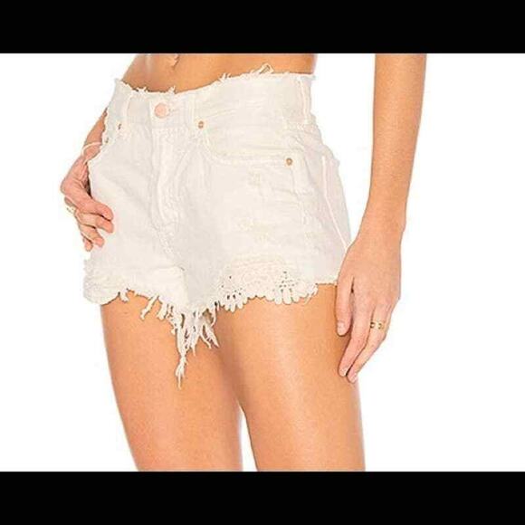 We The Free Jean Shorts Womens 26 Button Fly Boho Distressed Lace Denim Festival - Picture 5 of 9